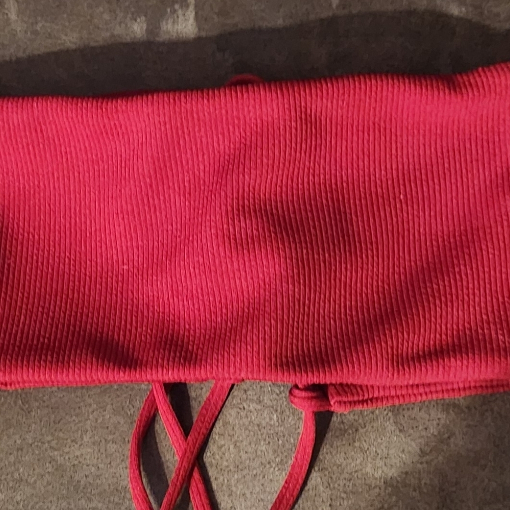 Zaful Ribbed Bright Pink Drawstring Bikini Top